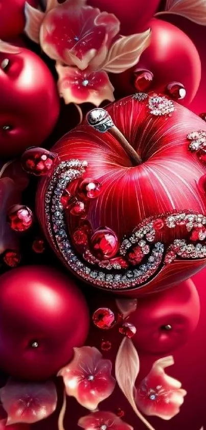 Jeweled red apple with floral accents wallpaper.