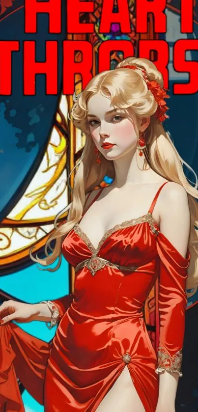 Red-dressed woman in fantasy wallpaper art