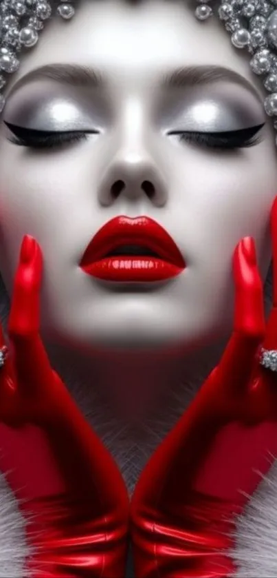 Portrait with striking red gloves and glamorous style.