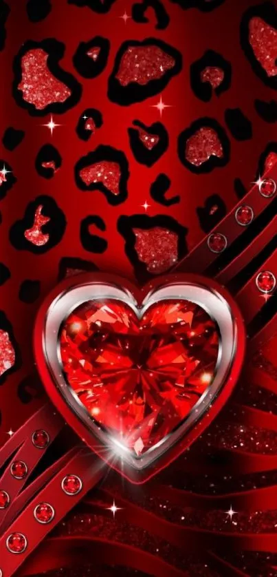 Red heart gem with leopard pattern wallpaper.