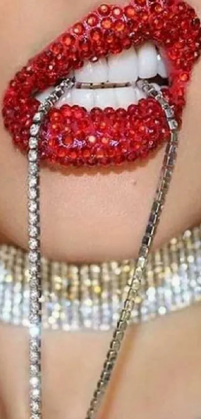 Close-up of red lips with gems and diamond chains, creating a glamorous art piece.