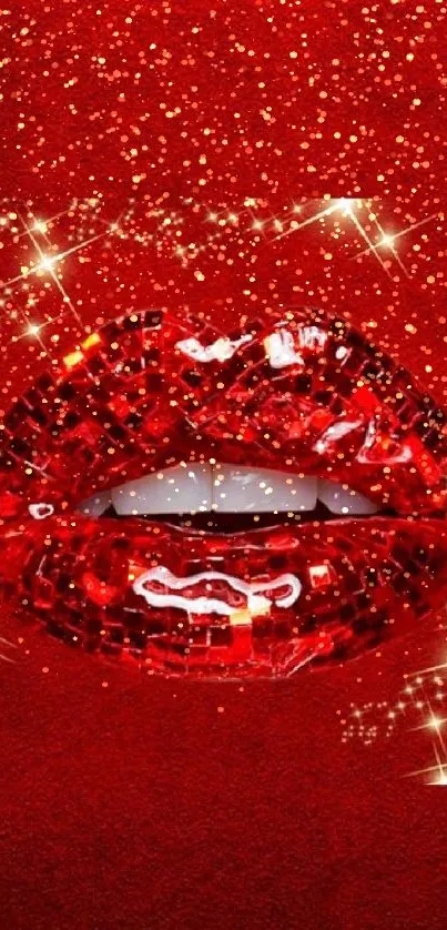 Glossy red mosaic lips with sparkles on a red background.