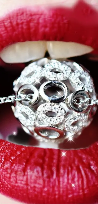 Red lips with a silver pendant in focus, showing glamour and style.