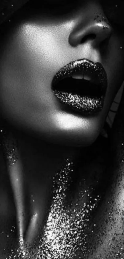 Glamorous silver glitter makeup art in monochrome.