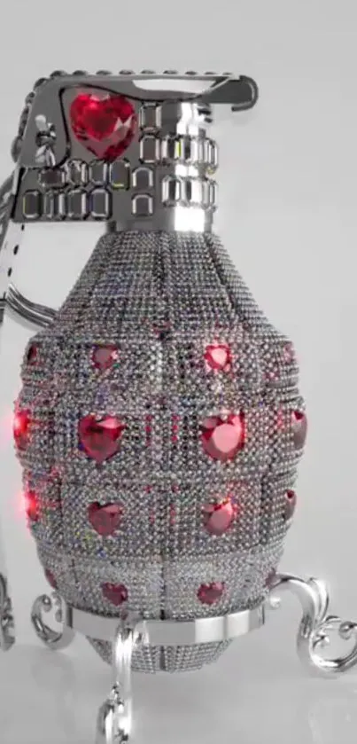 Silver grenade with red gems on a stylish mobile wallpaper.