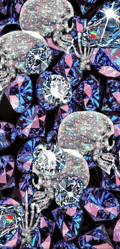 Sparkling skulls with purple and blue diamonds mobile wallpaper.