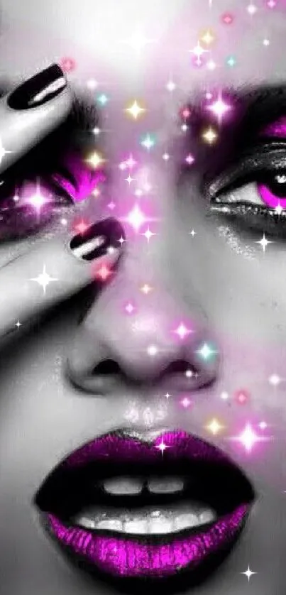 Glamorous face with pink highlights and sparkles.