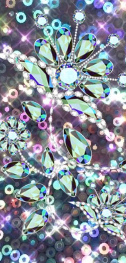 Glamorous sparkle floral wallpaper with dazzling gemstone patterns and vibrant colors.