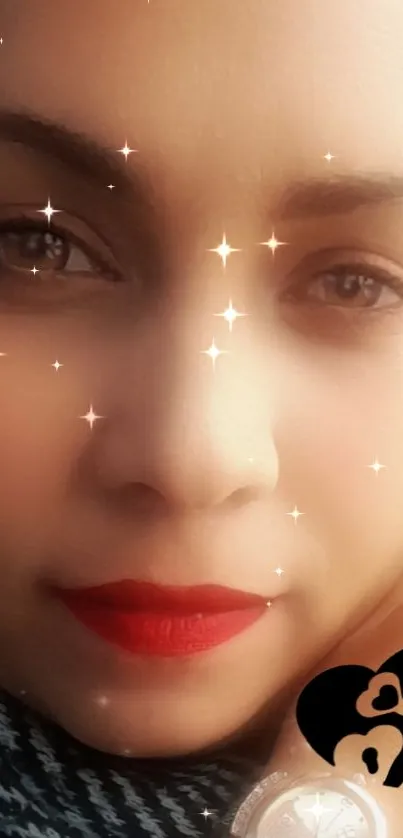 Glamorous portrait with sparkling effects and red lips on a light background.