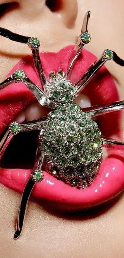 Pink lips with jeweled spider art on a glamorous mobile wallpaper.