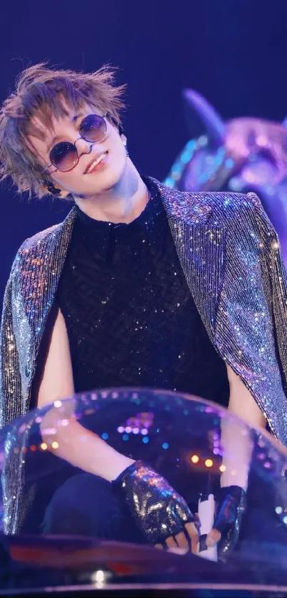 Performer on stage in sequined attire and sunglasses.