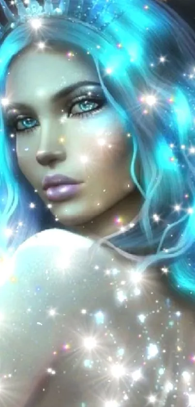 Mystical woman with blue hair and stars, mobile wallpaper.