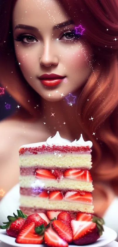 Glamorous redhead with strawberries and cake in elegant mobile wallpaper.