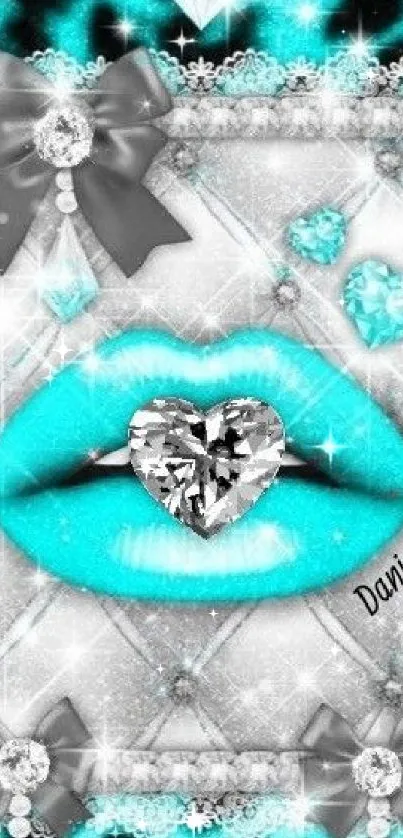 Turquoise lips with diamond heart and pearls mobile wallpaper.