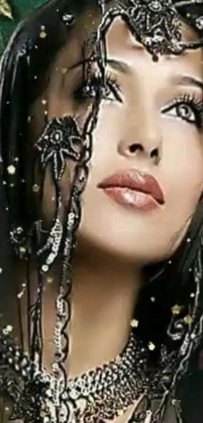 Glamorous woman with jeweled veil in artistic portrait.