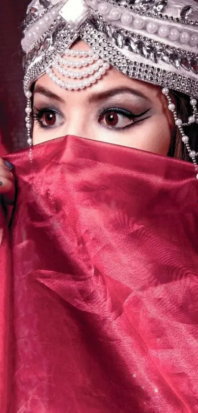 Mysterious veiled woman with jeweled headdress.