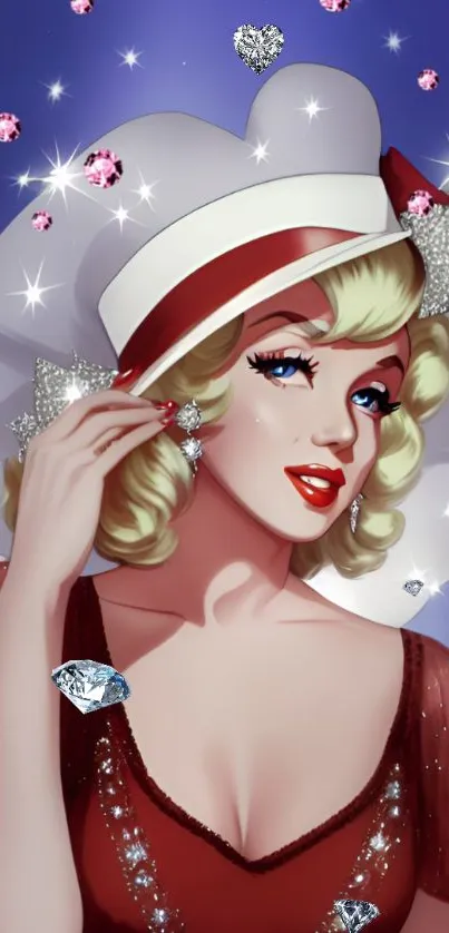 Glamorous cartoon woman art with diamonds and red dress.