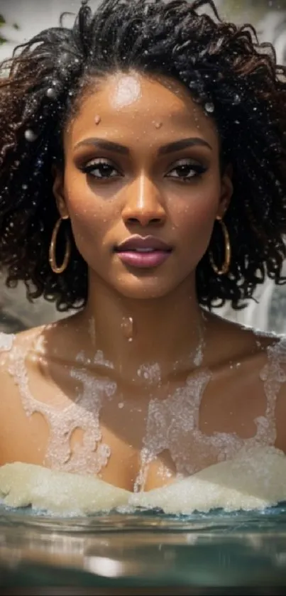 Portrait of a woman in a waterfall with curly hair, exuding elegance.