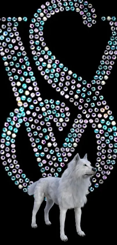 White wolf with diamond letters on black background.