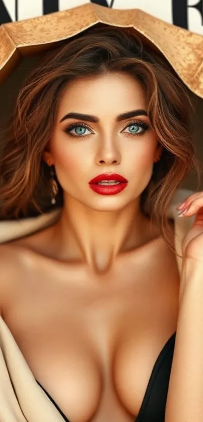 Glamorous woman portrait with blue eyes and red lips.