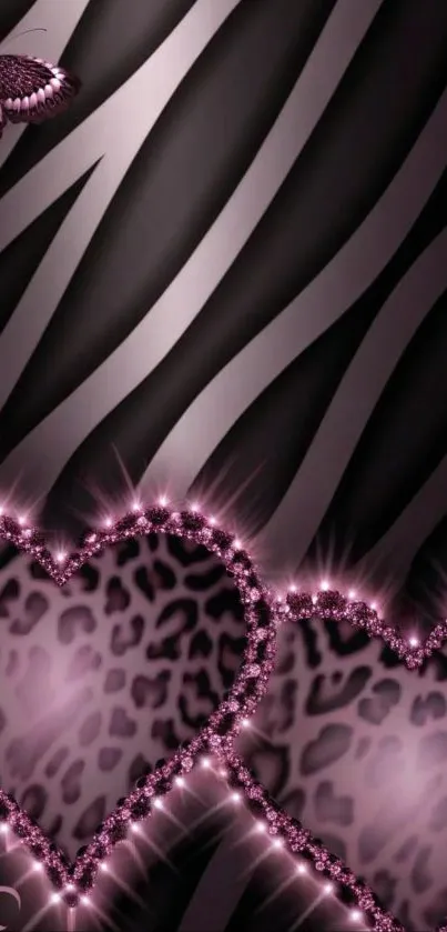 Pink and black zebra heart wallpaper with butterfly accents.