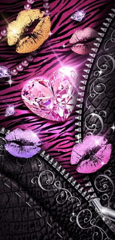 Glamorous purple zebra heart wallpaper with jewel accents.