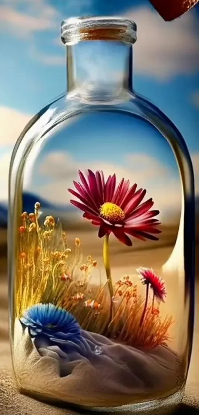 Glass bottle with flowers in a desert landscape wallpaper.