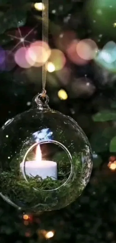 Glass ornament with candle glow and greenery on a festive background.