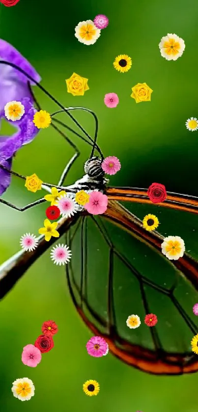 Glasswing Butterfly perched on a purple flower with a lush green background.