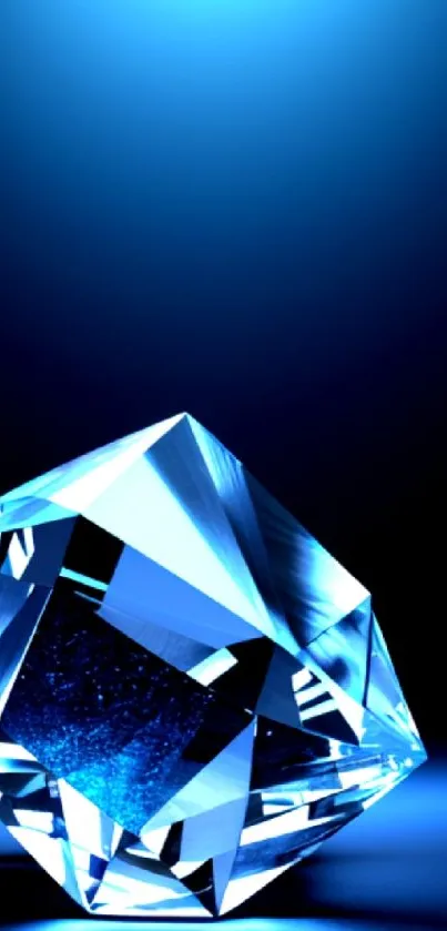 Gleaming blue diamond on dark background, shining brightly.