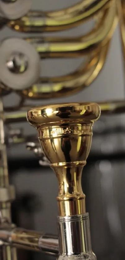 Close-up image of a shiny brass trombone with detailed view of valves.