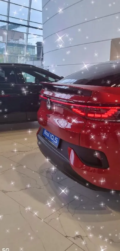 Sparkling red car in modern showroom wallpaper.