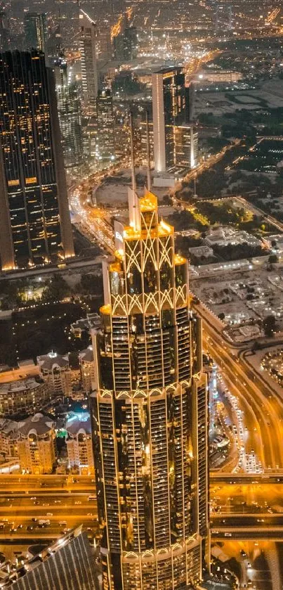 Aerial view of a glowing city skyline at night with towering skyscrapers.