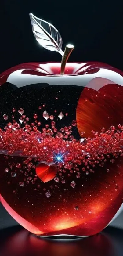 Gleaming crystal apple with red gems on dark background.