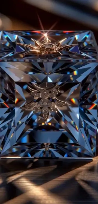 Elegant crystal cube with intricate design and reflections.