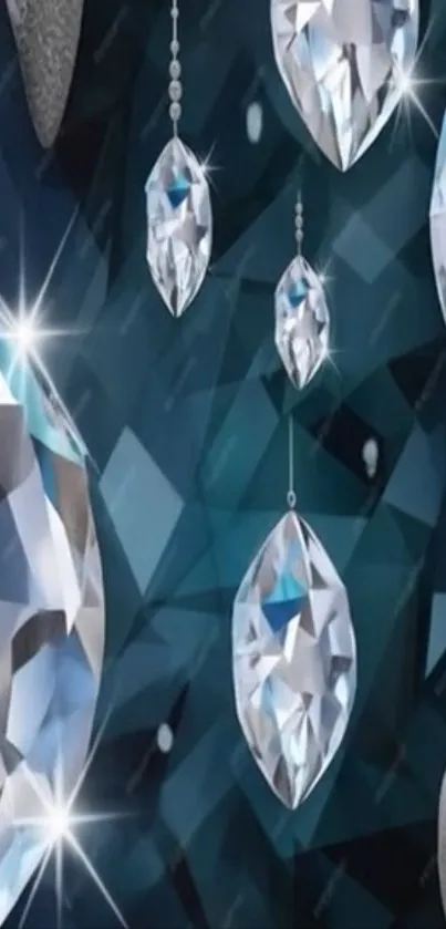 Gleaming diamonds hanging over a blue background.