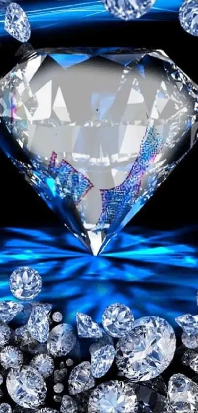Gleaming diamond and scattered smaller stones with blue accents on black background.