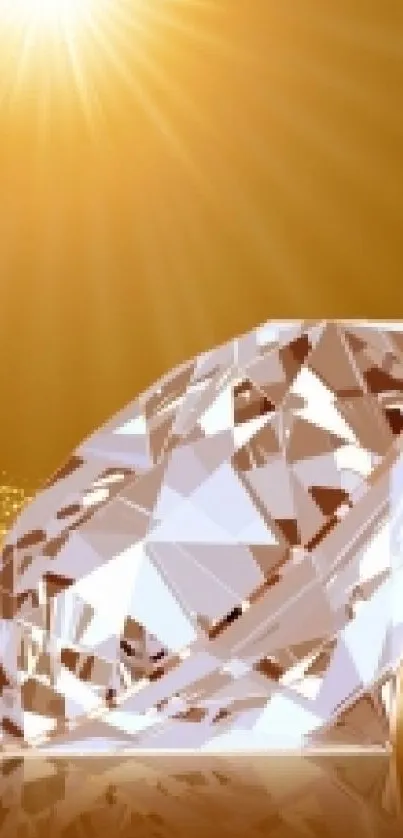 Shiny diamond with swirling gold light on wallpaper.