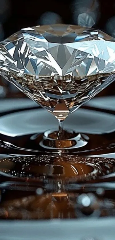 Gleaming diamond on a reflective liquid surface.