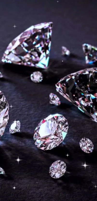 Sparkling diamonds on a sleek black background in a luxurious phone wallpaper.