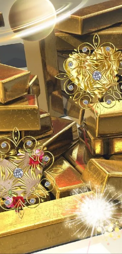 Pile of gold bars with jewels in a cosmic design.