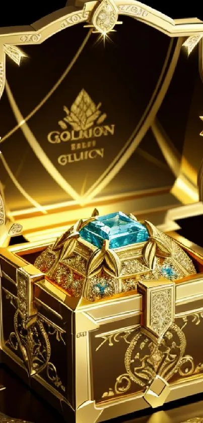 Opulent golden jewel box with crystals on ornate background.