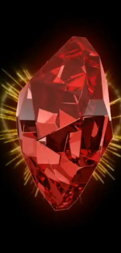 Stunning ruby crystal on black background with golden aura.