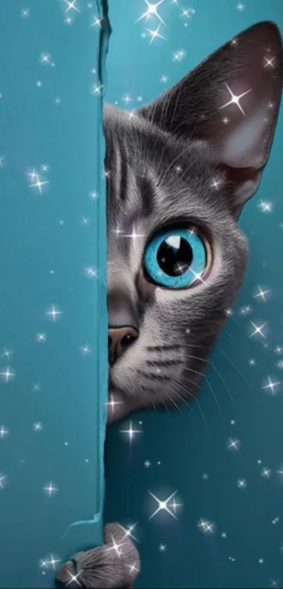 Cat peeks through blue door with sparkles.