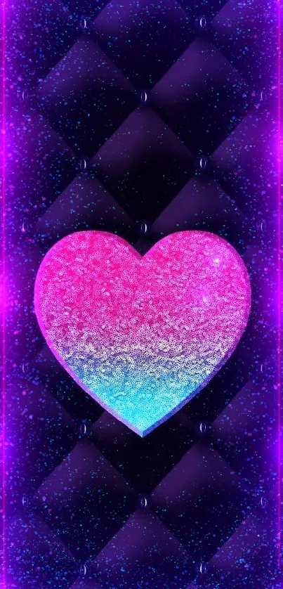 Glimmering pink and blue heart on a purple quilted background.