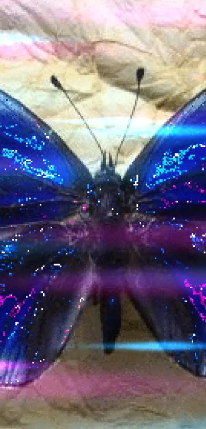 Blue butterfly with shimmering pink on cream background.