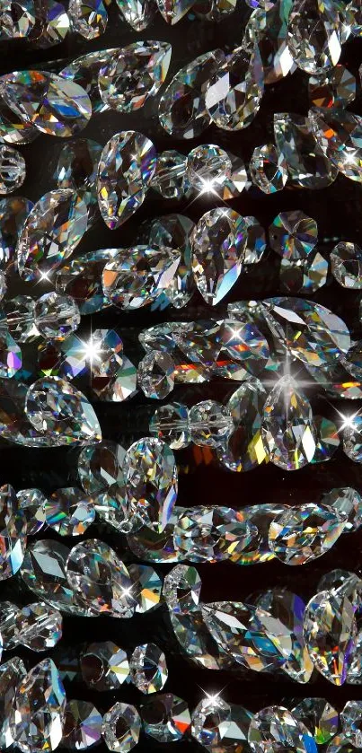 Close-up of glittering crystal gems on a black background for mobile wallpaper.