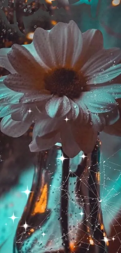 Glistening daisy illuminated at night with water droplets and teal accents.