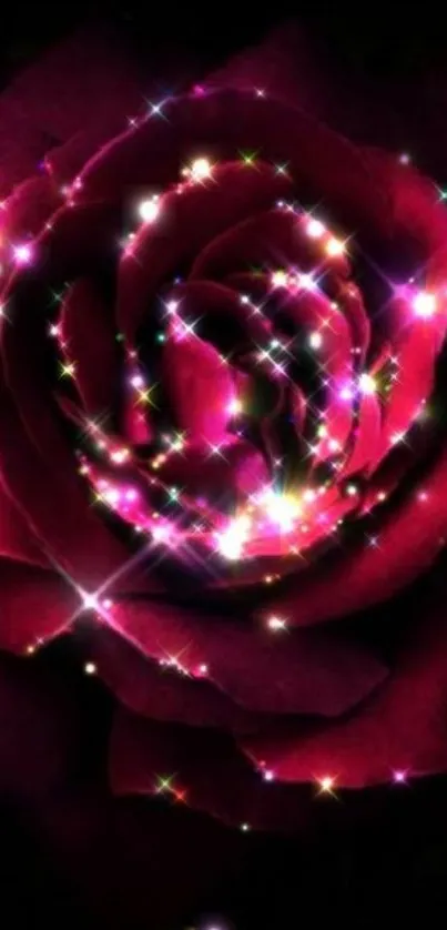 A glistening dark rose with sparkling highlights on a mobile phone wallpaper.