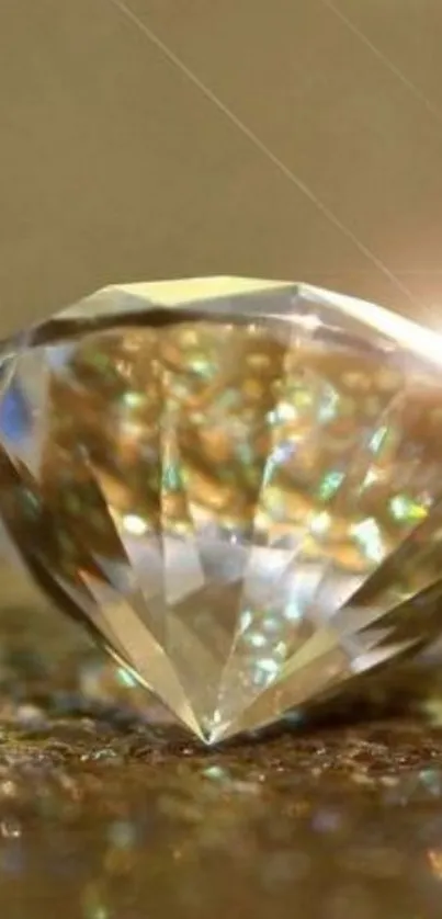 Close-up of sparkling diamond with golden reflections.